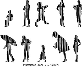 Vector silhouettes, Outline silhouettes of people, Contour drawing, people silhouette, Icon Set Isolated, Silhouette of sitting people, Architectural set	
