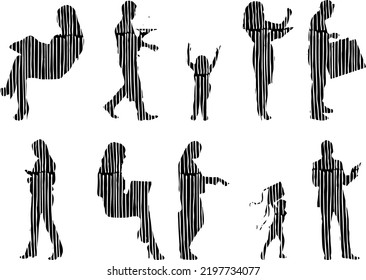 Vector silhouettes, Outline silhouettes of people, Contour drawing, people silhouette, Icon Set Isolated, Silhouette of sitting people, Architectural set	
