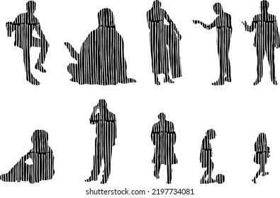 Vector silhouettes, Outline silhouettes of people, Contour drawing, people silhouette, Icon Set Isolated, Silhouette of sitting people, Architectural set	
