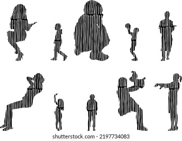 Vector silhouettes, Outline silhouettes of people, Contour drawing, people silhouette, Icon Set Isolated, Silhouette of sitting people, Architectural set	
