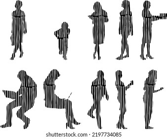Vector silhouettes, Outline silhouettes of people, Contour drawing, people silhouette, Icon Set Isolated, Silhouette of sitting people, Architectural set	

