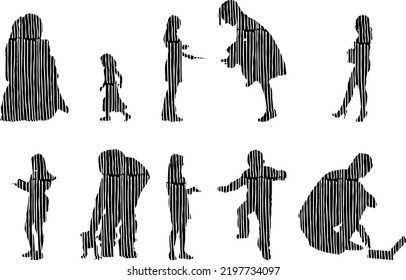 Vector silhouettes, Outline silhouettes of people, Contour drawing, people silhouette, Icon Set Isolated, Silhouette of sitting people, Architectural set	
