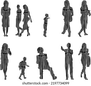 Vector silhouettes, Outline silhouettes of people, Contour drawing, people silhouette, Icon Set Isolated, Silhouette of sitting people, Architectural set	
