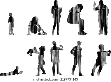 Vector silhouettes, Outline silhouettes of people, Contour drawing, people silhouette, Icon Set Isolated, Silhouette of sitting people, Architectural set	
