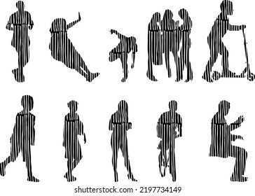 Vector silhouettes, Outline silhouettes of people, Contour drawing, people silhouette, Icon Set Isolated, Silhouette of sitting people, Architectural set	
