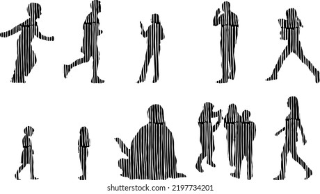 Vector silhouettes, Outline silhouettes of people, Contour drawing, people silhouette, Icon Set Isolated, Silhouette of sitting people, Architectural set	
