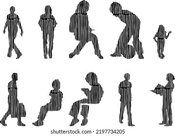 Vector silhouettes, Outline silhouettes of people, Contour drawing, people silhouette, Icon Set Isolated, Silhouette of sitting people, Architectural set	
