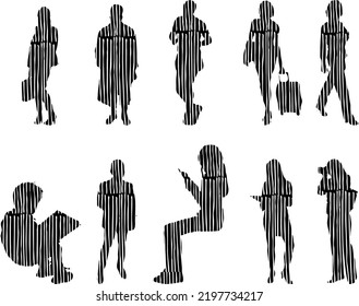 Vector silhouettes, Outline silhouettes of people, Contour drawing, people silhouette, Icon Set Isolated, Silhouette of sitting people, Architectural set	
