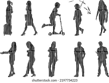 Vector silhouettes, Outline silhouettes of people, Contour drawing, people silhouette, Icon Set Isolated, Silhouette of sitting people, Architectural set	
