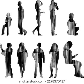 Vector silhouettes, Outline silhouettes of people, Contour drawing, people silhouette, Icon Set Isolated, Silhouette of sitting people, Architectural set	
