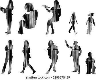 Vector silhouettes, Outline silhouettes of people, Contour drawing, people silhouette, Icon Set Isolated, Silhouette of sitting people, Architectural set	
