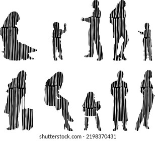 Vector silhouettes, Outline silhouettes of people, Contour drawing, people silhouette, Icon Set Isolated, Silhouette of sitting people, Architectural set	

