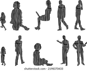 Vector silhouettes, Outline silhouettes of people, Contour drawing, people silhouette, Icon Set Isolated, Silhouette of sitting people, Architectural set	
