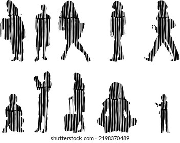 Vector silhouettes, Outline silhouettes of people, Contour drawing, people silhouette, Icon Set Isolated, Silhouette of sitting people, Architectural set	
