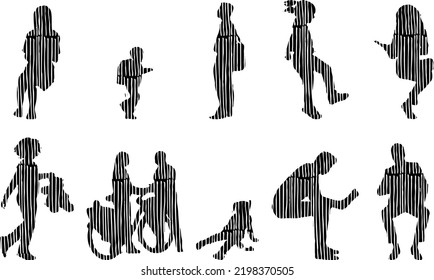 Vector silhouettes, Outline silhouettes of people, Contour drawing, people silhouette, Icon Set Isolated, Silhouette of sitting people, Architectural set	
