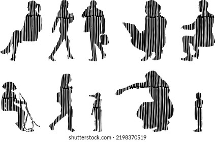 Vector silhouettes, Outline silhouettes of people, Contour drawing, people silhouette, Icon Set Isolated, Silhouette of sitting people, Architectural set	
