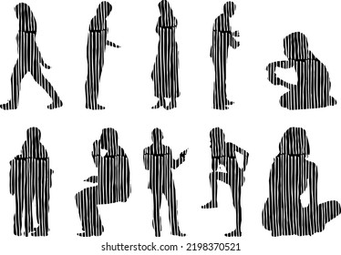 Vector silhouettes, Outline silhouettes of people, Contour drawing, people silhouette, Icon Set Isolated, Silhouette of sitting people, Architectural set	

