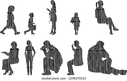 Vector silhouettes, Outline silhouettes of people, Contour drawing, people silhouette, Icon Set Isolated, Silhouette of sitting people, Architectural set	
