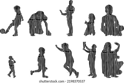 Vector silhouettes, Outline silhouettes of people, Contour drawing, people silhouette, Icon Set Isolated, Silhouette of sitting people, Architectural set	

