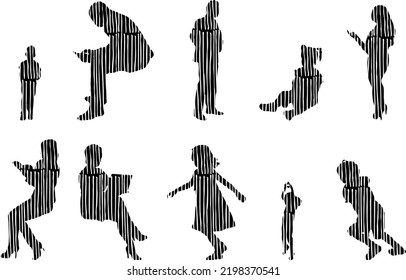 Vector silhouettes, Outline silhouettes of people, Contour drawing, people silhouette, Icon Set Isolated, Silhouette of sitting people, Architectural set	
