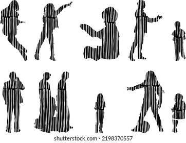 Vector silhouettes, Outline silhouettes of people, Contour drawing, people silhouette, Icon Set Isolated, Silhouette of sitting people, Architectural set	
