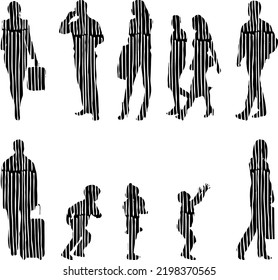 Vektor-Silhouetten, Silhouetten-Linien, Konturzeichnungen, Silhouette-Leute, Symbolsatz isoliert, Silhouette sitzender Menschen, Architekturset	
