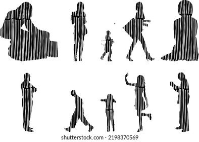 Vector silhouettes, Outline silhouettes of people, Contour drawing, people silhouette, Icon Set Isolated, Silhouette of sitting people, Architectural set	
