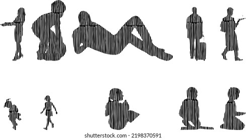 Vector silhouettes, Outline silhouettes of people, Contour drawing, people silhouette, Icon Set Isolated, Silhouette of sitting people, Architectural set	
