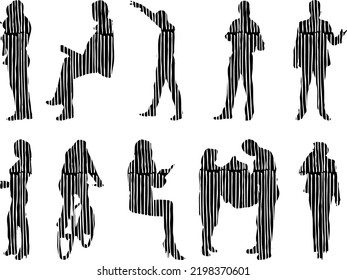 Siluetas vectoriales, Siluetas de contorno de personas, Dibujo de contorno, silueta de personas, Conjunto de iconos aislados, Silueta de personas sentadas, Conjunto arquitectónico	
