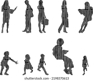 Vector silhouettes, Outline silhouettes of people, Contour drawing, people silhouette, Icon Set Isolated, Silhouette of sitting people, Architectural set	
