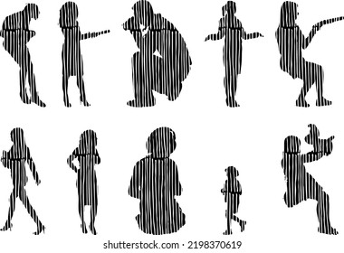 Siluetas vectoriales, Siluetas de contorno de personas, Dibujo de contorno, silueta de personas, Conjunto de iconos aislados, Silueta de personas sentadas, Conjunto arquitectónico	
