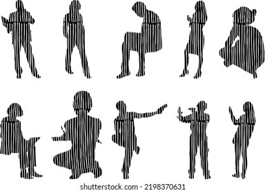 Vector silhouettes, Outline silhouettes of people, Contour drawing, people silhouette, Icon Set Isolated, Silhouette of sitting people, Architectural set	
