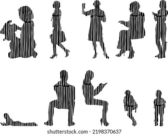 Vector silhouettes, Outline silhouettes of people, Contour drawing, people silhouette, Icon Set Isolated, Silhouette of sitting people, Architectural set	
