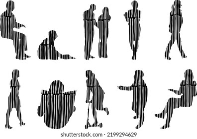 Vector silhouettes, Outline silhouettes of people, Contour drawing, people silhouette, Icon Set Isolated, Silhouette of sitting people, Architectural set	
