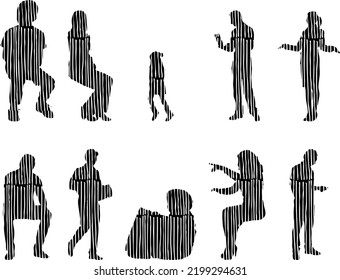 Vector silhouettes, Outline silhouettes of people, Contour drawing, people silhouette, Icon Set Isolated, Silhouette of sitting people, Architectural set	
