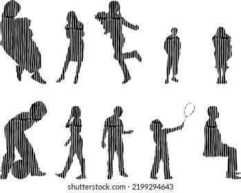 Vector silhouettes, Outline silhouettes of people, Contour drawing, people silhouette, Icon Set Isolated, Silhouette of sitting people, Architectural set	

