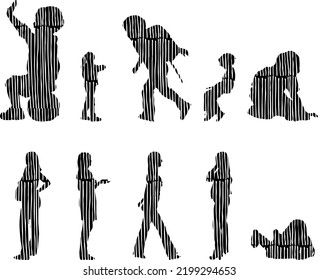 Vector silhouettes, Outline silhouettes of people, Contour drawing, people silhouette, Icon Set Isolated, Silhouette of sitting people, Architectural set	
