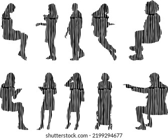 Siluetas vectoriales, Siluetas de contorno de personas, Dibujo de contorno, silueta de personas, Conjunto de iconos aislados, Silueta de personas sentadas, Conjunto arquitectónico	

