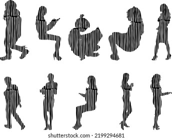 Vector silhouettes, Outline silhouettes of people, Contour drawing, people silhouette, Icon Set Isolated, Silhouette of sitting people, Architectural set	
