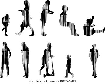 Vector silhouettes, Outline silhouettes of people, Contour drawing, people silhouette, Icon Set Isolated, Silhouette of sitting people, Architectural set	
