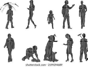 Vektor-Silhouetten, Silhouetten-Linien, Konturzeichnungen, Silhouette-Leute, Symbolsatz isoliert, Silhouette sitzender Menschen, Architekturset	
