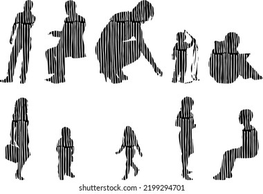 Vector silhouettes, Outline silhouettes of people, Contour drawing, people silhouette, Icon Set Isolated, Silhouette of sitting people, Architectural set	
