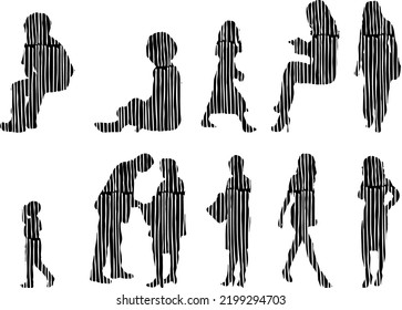 Vector silhouettes, Outline silhouettes of people, Contour drawing, people silhouette, Icon Set Isolated, Silhouette of sitting people, Architectural set	
