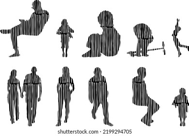 Vector silhouettes, Outline silhouettes of people, Contour drawing, people silhouette, Icon Set Isolated, Silhouette of sitting people, Architectural set	
