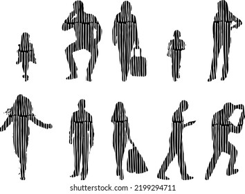Siluetas vectoriales, Siluetas de contorno de personas, Dibujo de contorno, silueta de personas, Conjunto de iconos aislados, Silueta de personas sentadas, Conjunto arquitectónico	
