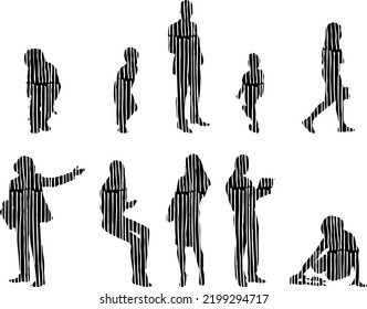 Vector silhouettes, Outline silhouettes of people, Contour drawing, people silhouette, Icon Set Isolated, Silhouette of sitting people, Architectural set	

