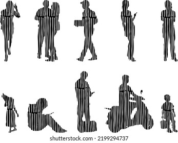 Vector silhouettes, Outline silhouettes of people, Contour drawing, people silhouette, Icon Set Isolated, Silhouette of sitting people, Architectural set	
