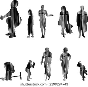 Vector silhouettes, Outline silhouettes of people, Contour drawing, people silhouette, Icon Set Isolated, Silhouette of sitting people, Architectural set	
