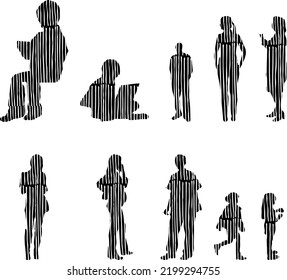 Vector silhouettes, Outline silhouettes of people, Contour drawing, people silhouette, Icon Set Isolated, Silhouette of sitting people, Architectural set	
