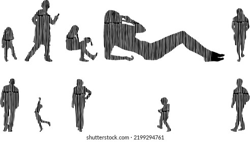 Vector silhouettes, Outline silhouettes of people, Contour drawing, people silhouette, Icon Set Isolated, Silhouette of sitting people, Architectural set	
